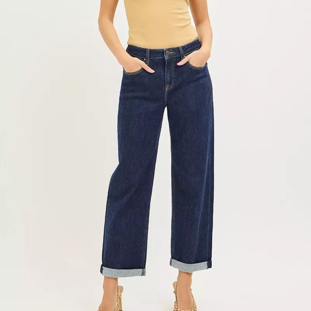 RISEN Slouchy Cropped‎  Boyfriend Jeans With Cuffed Hem